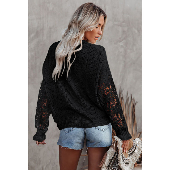 Lace Eyelet Knit Sweater Casual Crew Neck Long Sleeve Sweater Womens Clothing Image 6