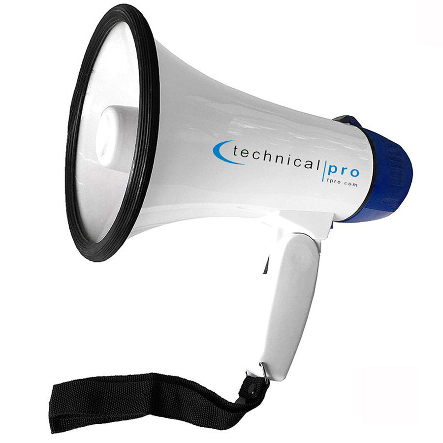 Technical Pro 20 Watts Lightweight Portable 300M Range White and Blue Megaphone Bullhorn with StrapSirenand Volume Image 1