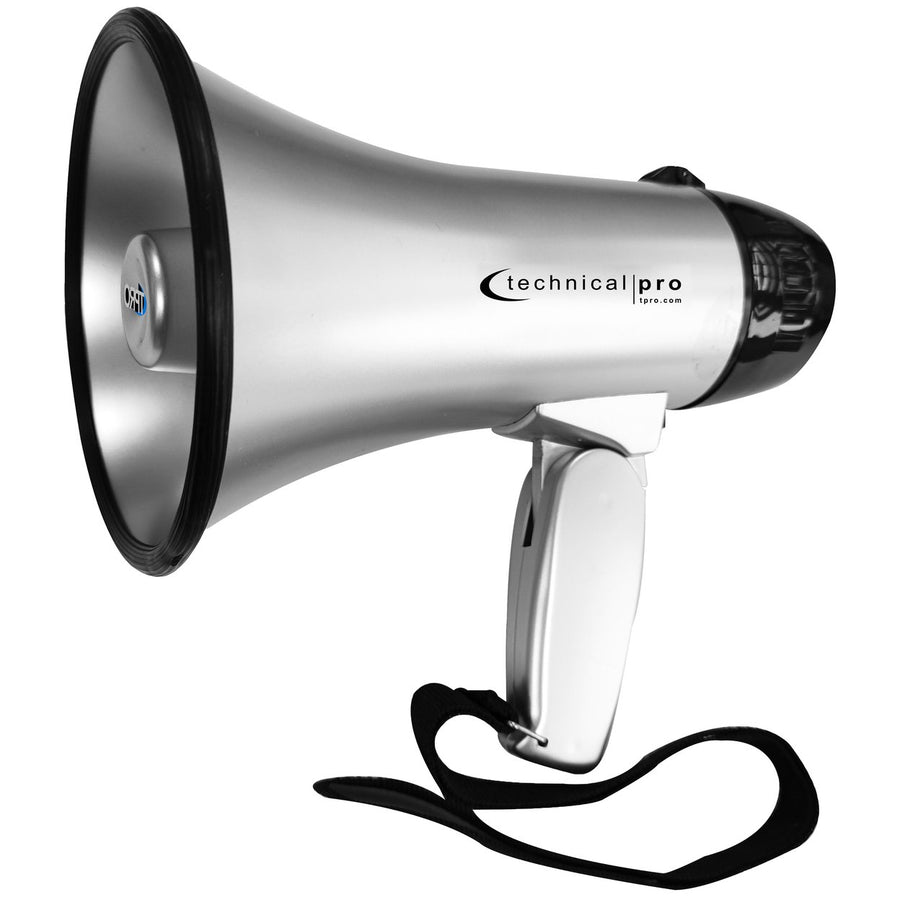 Technical Pro Portable 20W Megaphone Silver Black 300m Range with Siren and Strap Image 1