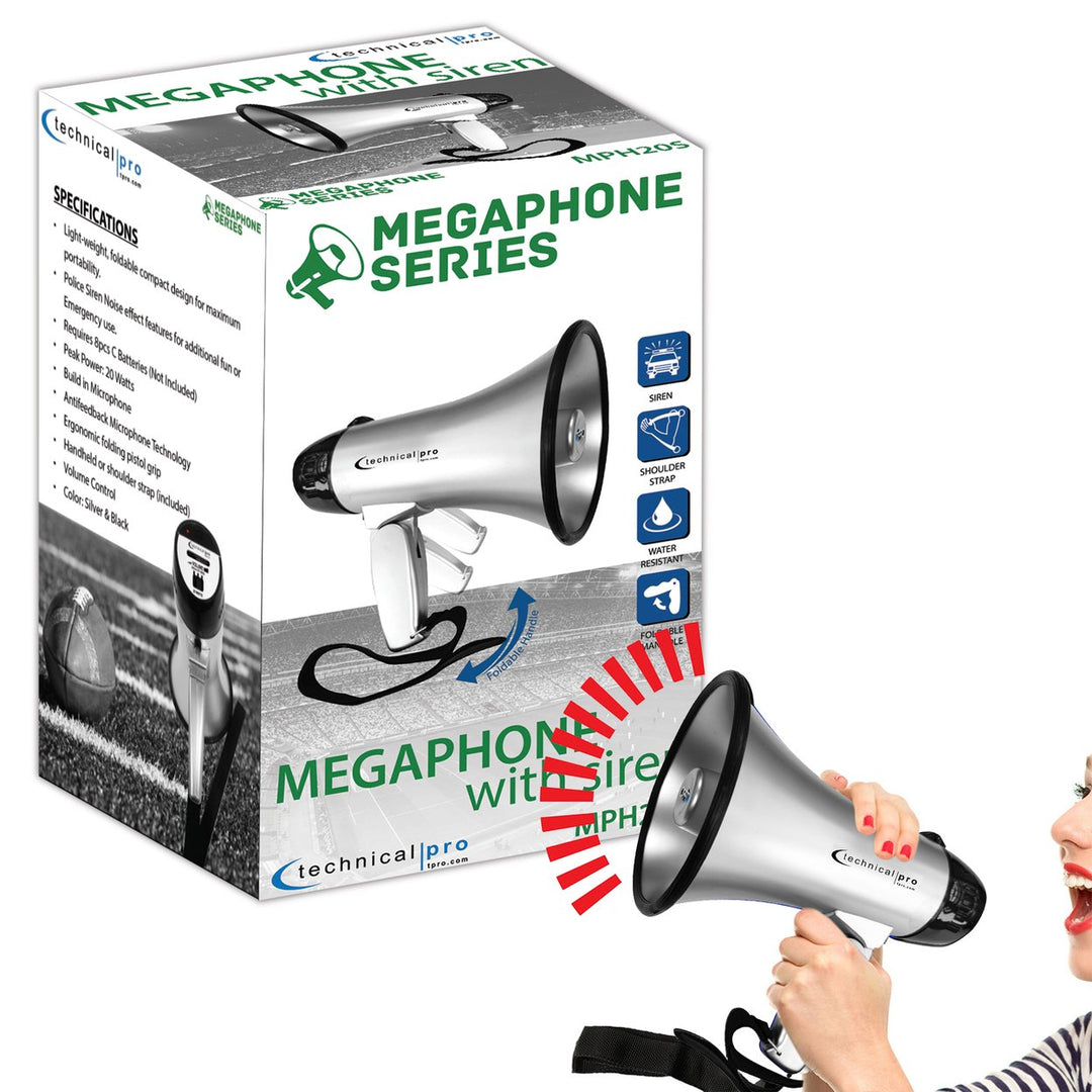 Technical Pro Portable 20W Megaphone Silver Black 300m Range with Siren and Strap Image 4