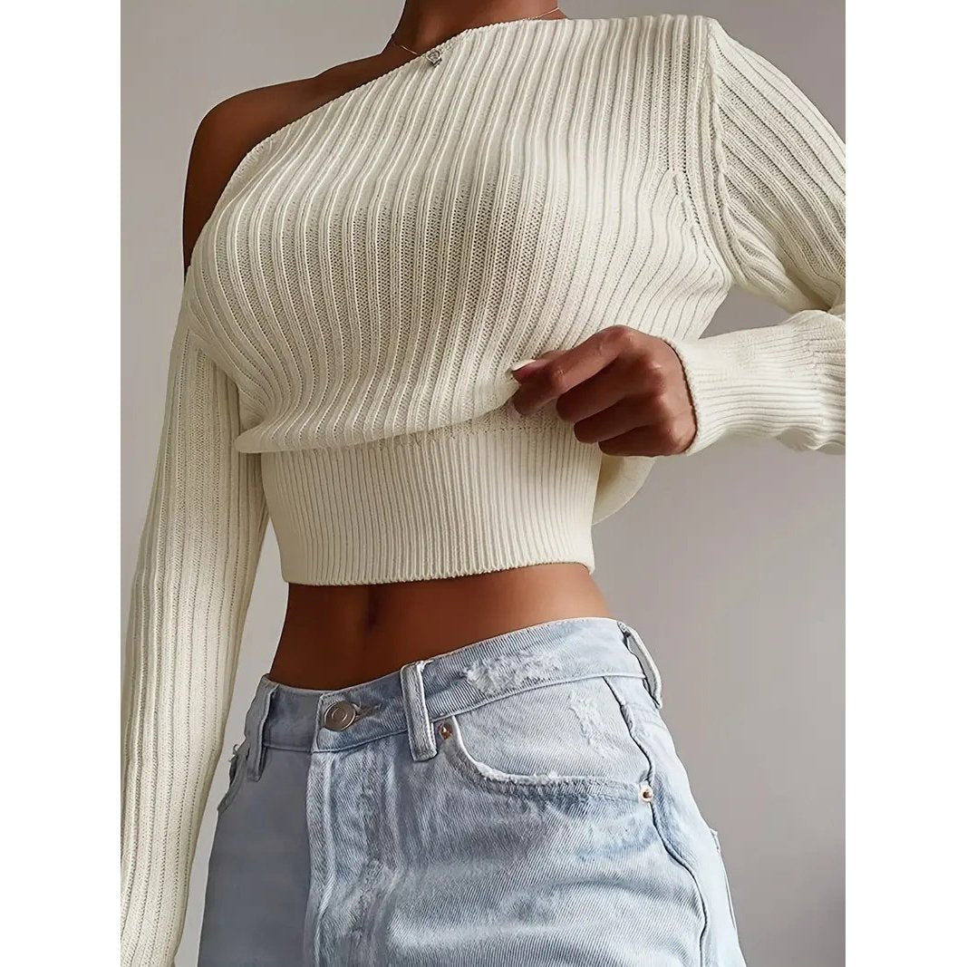 Ribbed Asymmetrical Neck Knit Crop Sweater Sexy Cold Shoulder Long Sleeve Pullover Sweater Womens Clothing Image 4