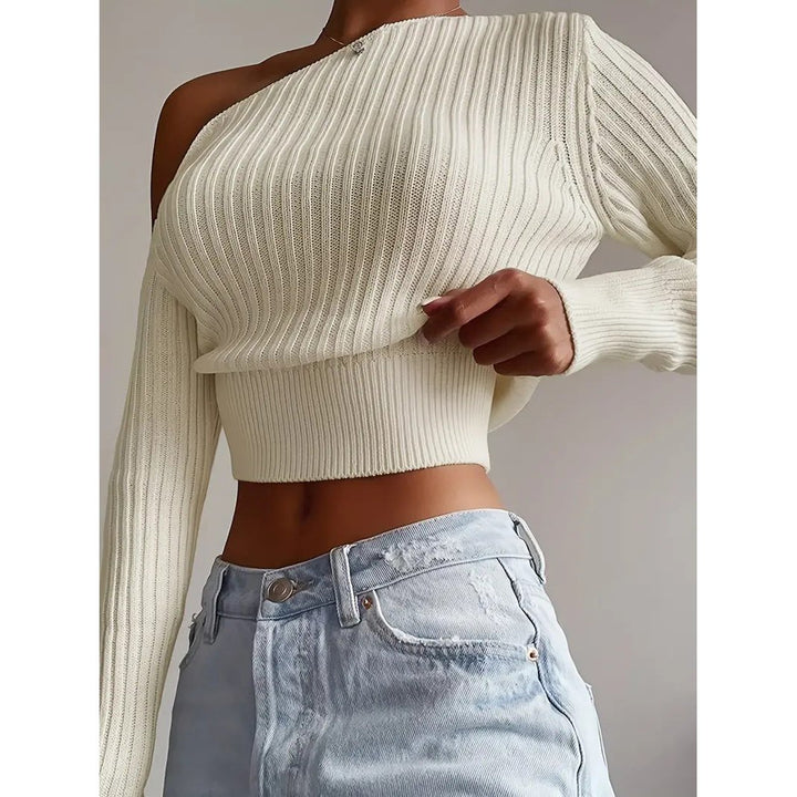 Ribbed Asymmetrical Neck Knit Crop Sweater Sexy Cold Shoulder Long Sleeve Pullover Sweater Womens Clothing Image 4