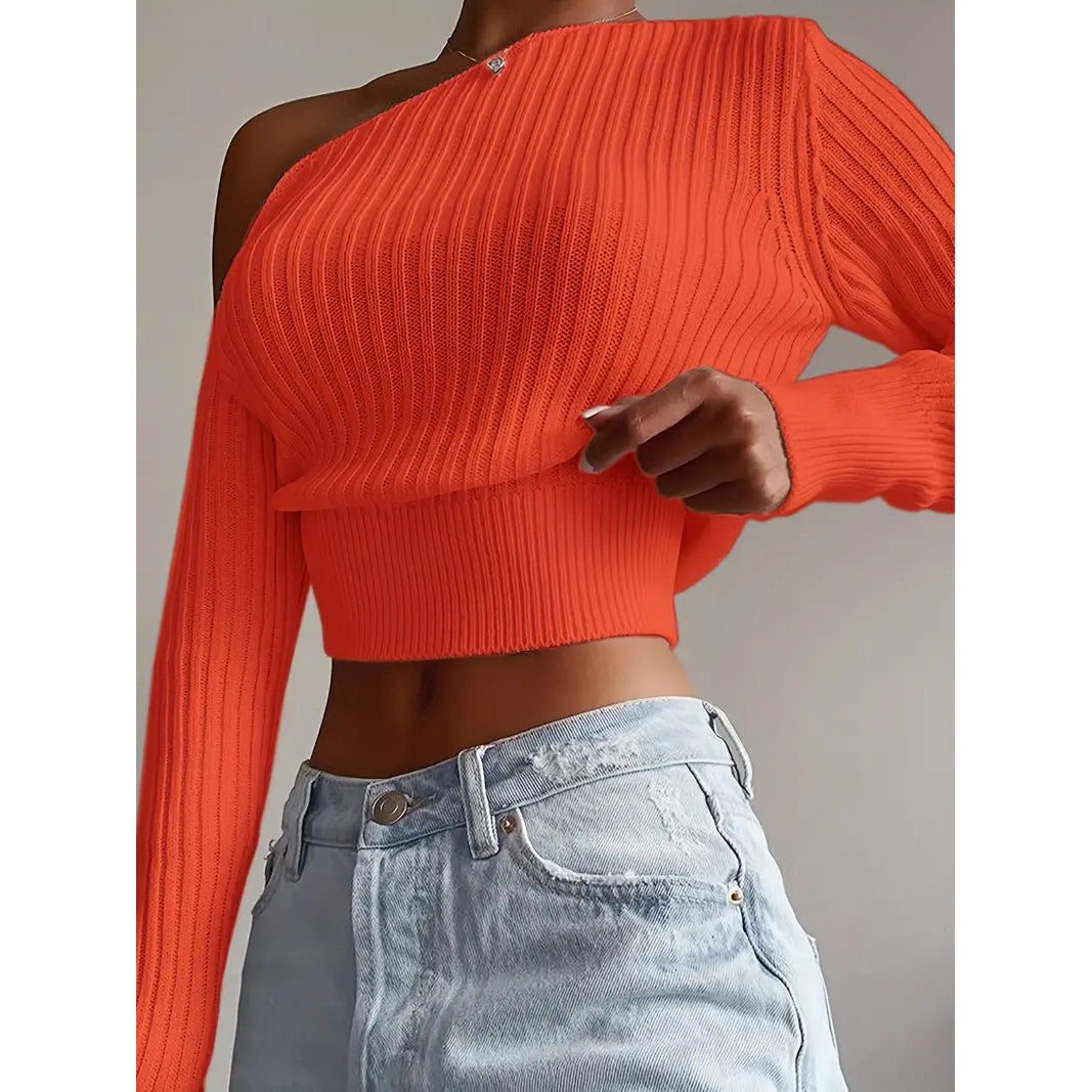 Ribbed Asymmetrical Neck Knit Crop Sweater Sexy Cold Shoulder Long Sleeve Pullover Sweater Womens Clothing Image 6