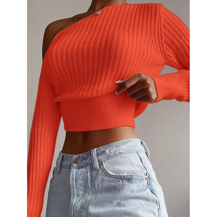 Ribbed Asymmetrical Neck Knit Crop Sweater Sexy Cold Shoulder Long Sleeve Pullover Sweater Womens Clothing Image 6