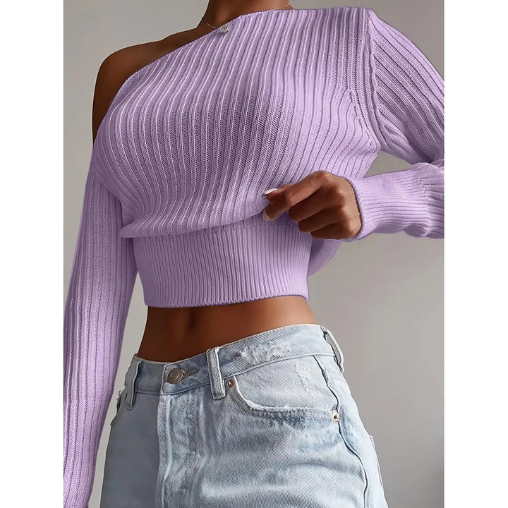 Ribbed Asymmetrical Neck Knit Crop Sweater Sexy Cold Shoulder Long Sleeve Pullover Sweater Womens Clothing Image 8