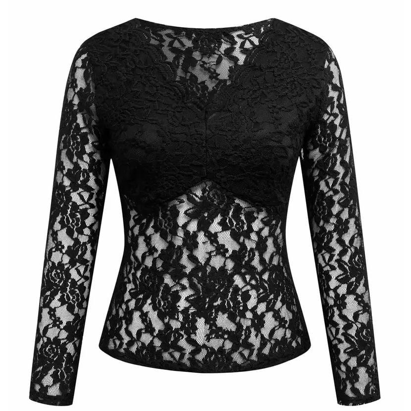 Solid Lace Blouse Elegant V Neck Long Sleeve Slim Blouse Womens Clothing Image 1