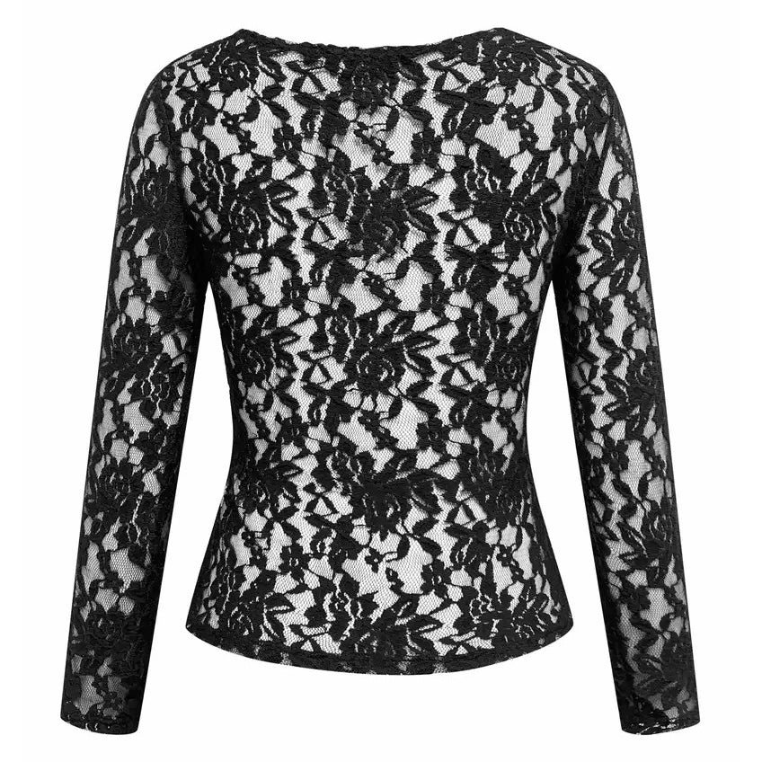 Solid Lace Blouse Elegant V Neck Long Sleeve Slim Blouse Womens Clothing Image 3