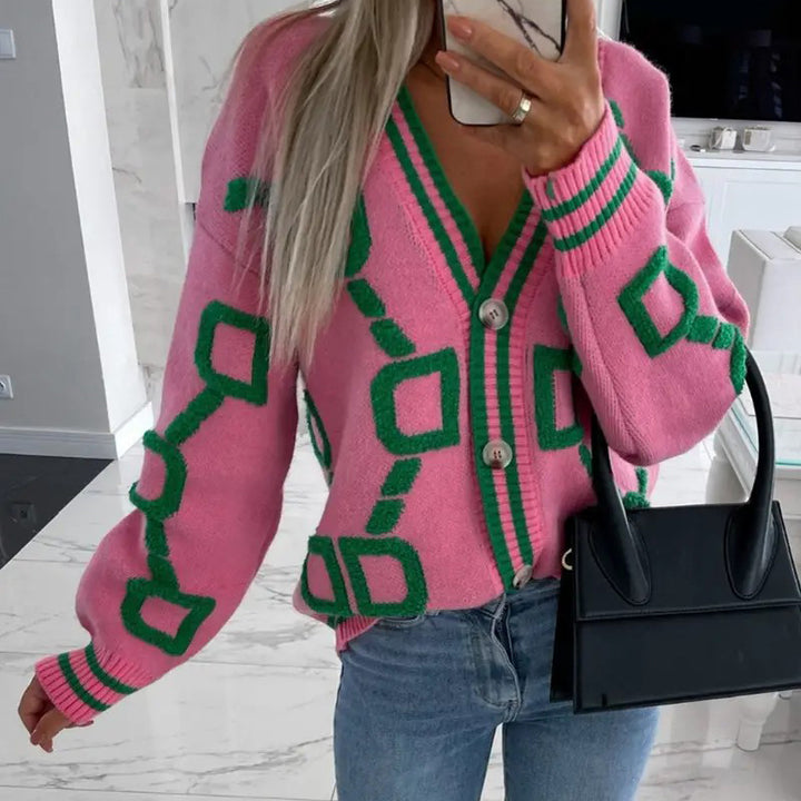 High Contrast Knit Cardigan, V-Neck Button Up Cardigan Sweater, Casual Tops For Fall & Winter, Women's Clothing Image 1