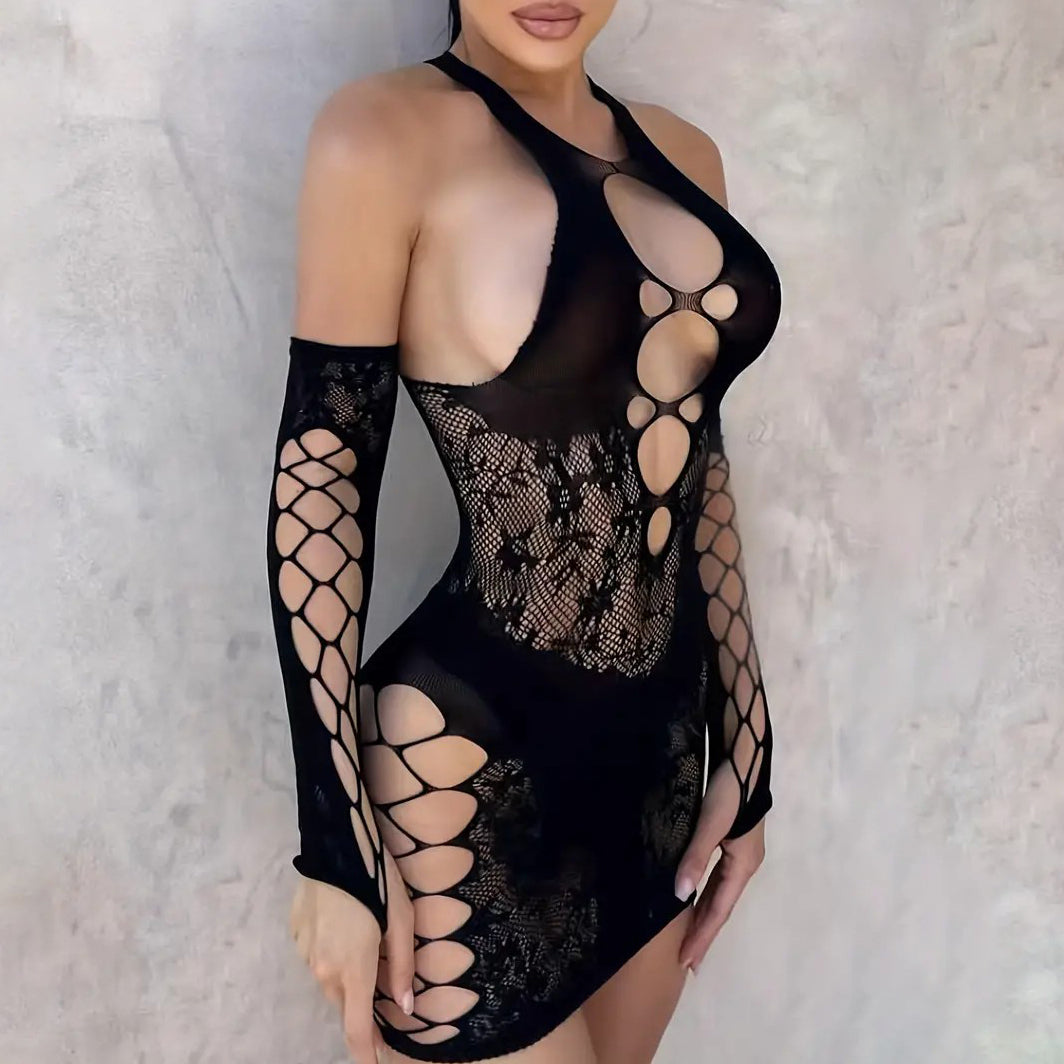 Black Hollow Out Dress Without Bikini See Through V Neck High-Stretch Cover Up Dress Womens Swimwear and Clothing Image 4