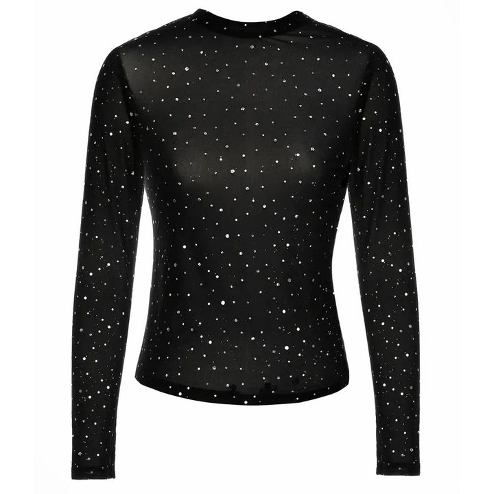 Solid Sequin T-shirt Crew Neck Sexy Sheer Long Sleeve Summer T-shirt Womens Clothing Image 4