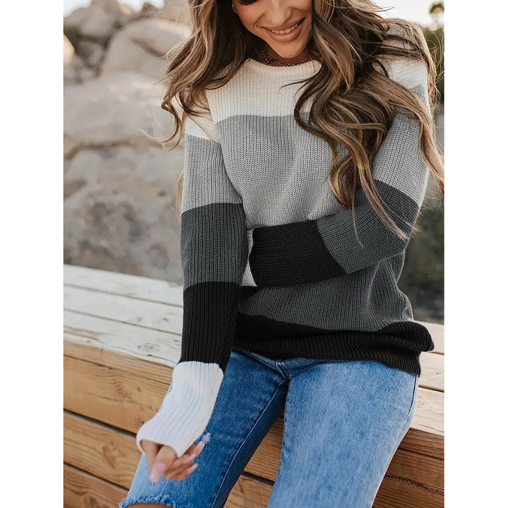 Striped Pattern Knitwear Tops, Crew Neck Long Sleeve Pullover Sweaters, Color Block Shirts, Women's Clothing Image 1