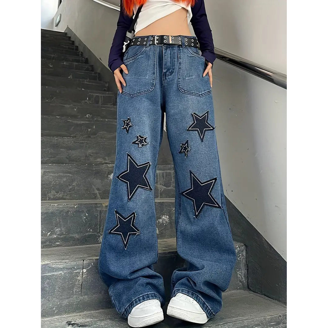 Star Patch Baggy Loose Boyfriend Jeans, Dark Wash Zipper Button Closure Slash Pocket Wide Leg Denim Pants, Street Y2k Image 1