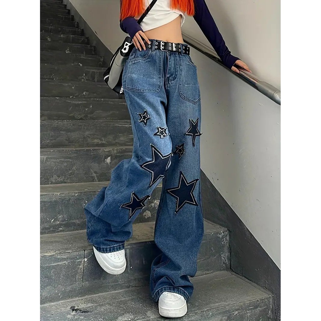 Star Patch Baggy Loose Boyfriend Jeans Dark Wash Zipper Button Closure Slash Pocket Wide Leg Denim Pants Street Y2k Image 1