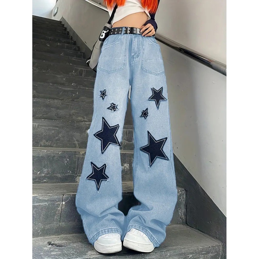 Star Patch Baggy Loose Boyfriend Jeans Dark Wash Zipper Button Closure Slash Pocket Wide Leg Denim Pants Street Y2k Image 1