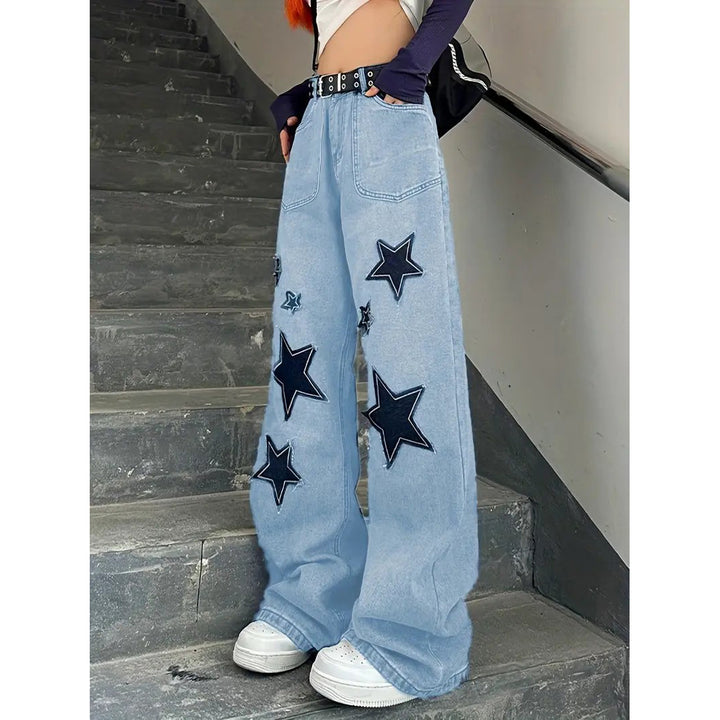 Star Patch Baggy Loose Boyfriend Jeans Dark Wash Zipper Button Closure Slash Pocket Wide Leg Denim Pants Street Y2k Image 4