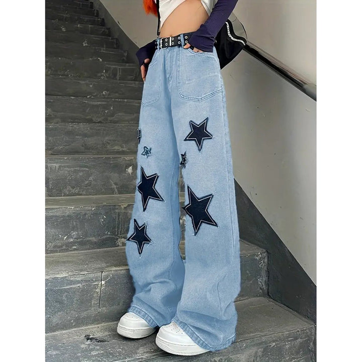 Star Patch Baggy Loose Boyfriend Jeans Dark Wash Zipper Button Closure Slash Pocket Wide Leg Denim Pants Street Y2k Image 1