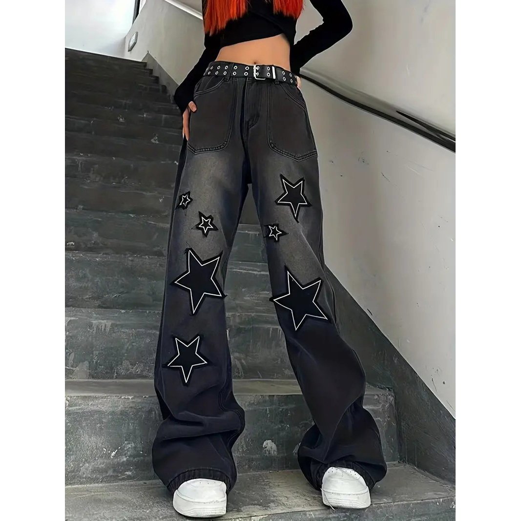 Star Patch Baggy Loose Boyfriend Jeans Dark Wash Zipper Button Closure Slash Pocket Wide Leg Denim Pants Street Y2k Image 1