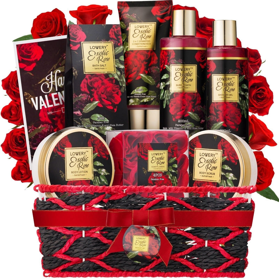 Valentines Rose Gift Basket for Women, Spa Gifts Set, Bath and Body Gift Set Image 1