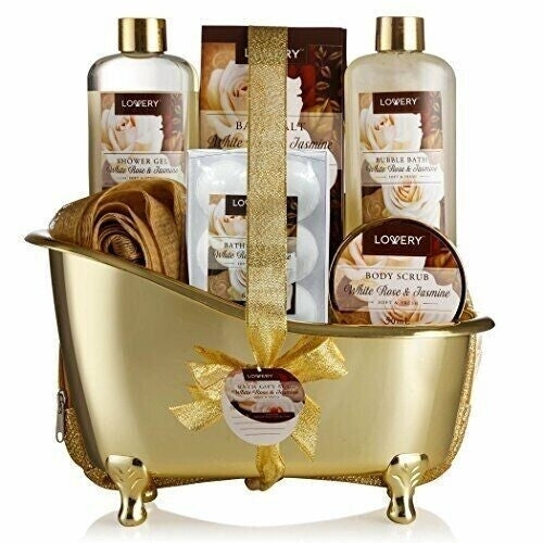 Home Spa Gift Basket By Lovery 13 Pc Bath and Body Set White Rose Jasmine Scent Image 1