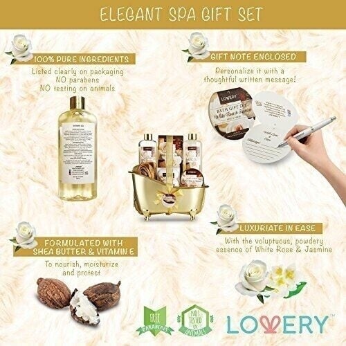 Home Spa Gift Basket By Lovery 13 Pc Bath and Body Set White Rose Jasmine Scent Image 2