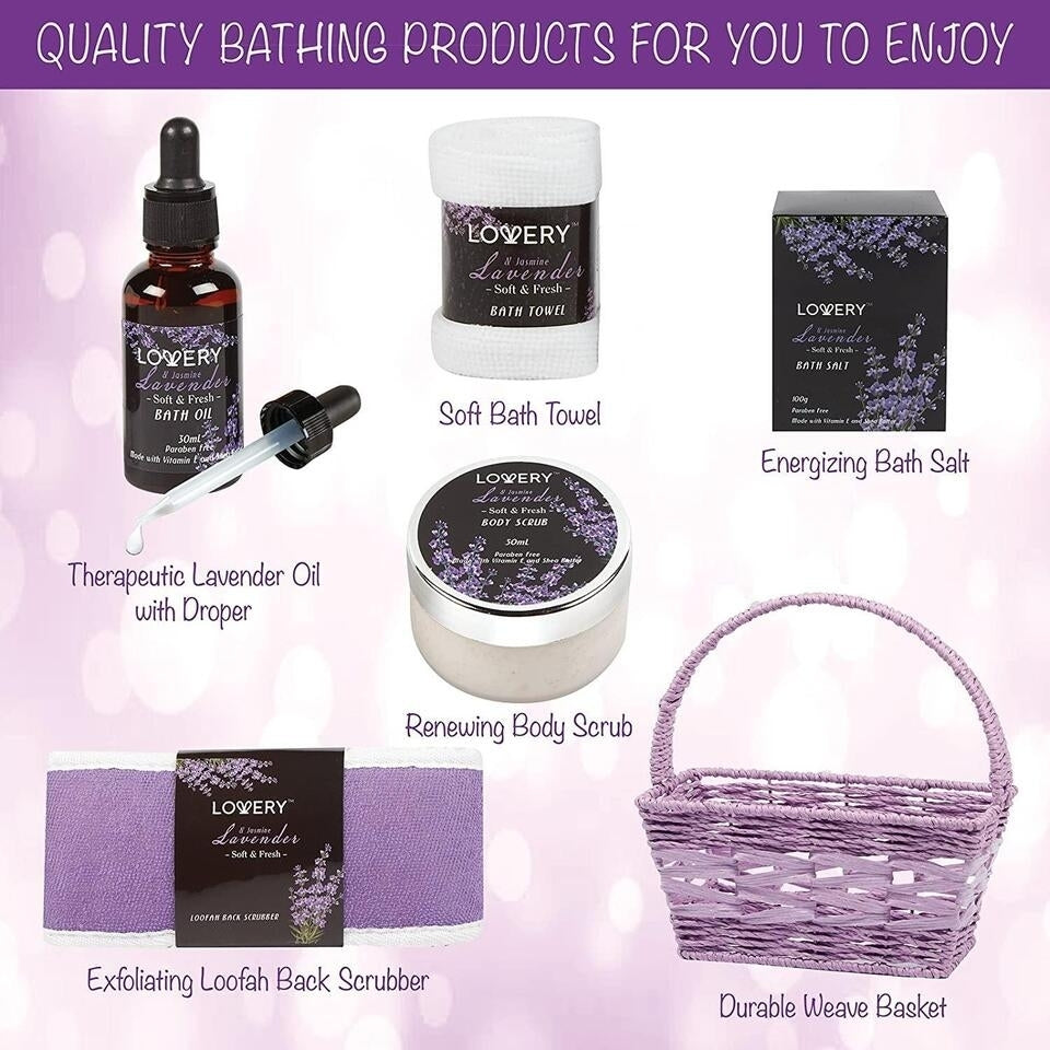 Christmas Gifts - LAVENDER and JASMINE FRAGRANCE Spa Gift Basket Luxury 9 Piece Bath and Body Set for Women / Men Image 3