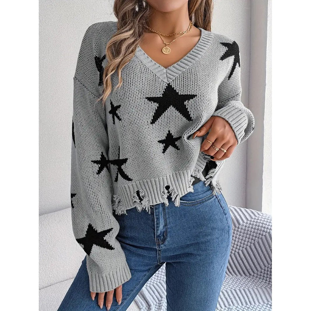 Star Pattern V Neck Pullover Sweater Distressed Raw Trim Long Sleeve Sweater Womens Clothing Image 1