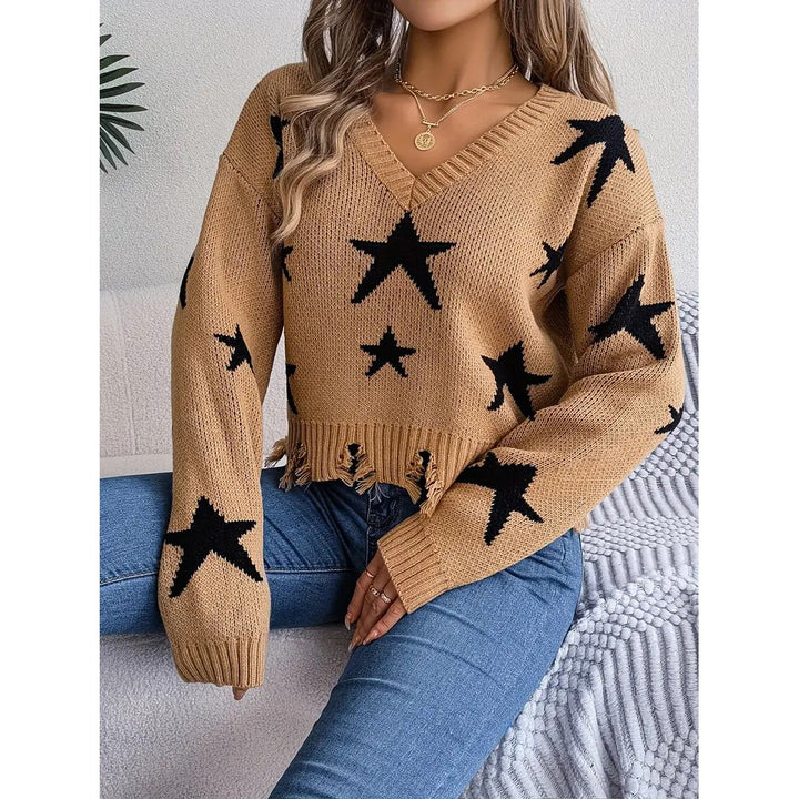 Star Pattern V Neck Pullover Sweater Distressed Raw Trim Long Sleeve Sweater Womens Clothing Image 1