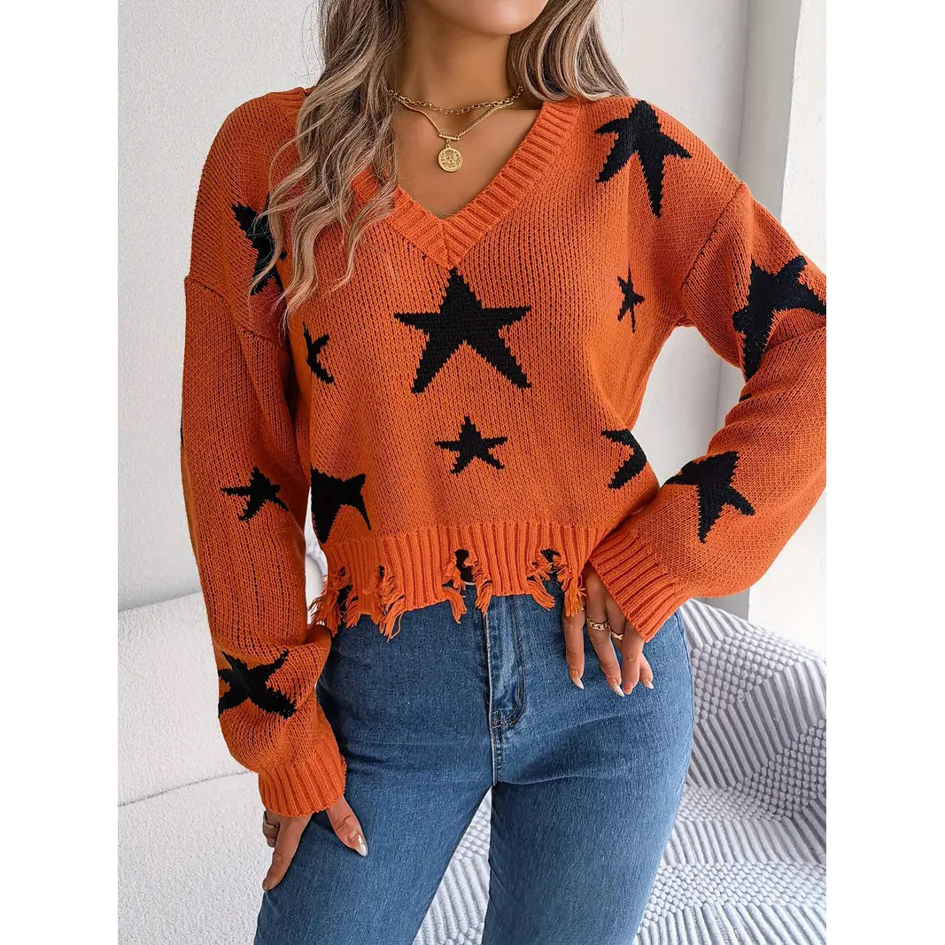 Star Pattern V Neck Pullover Sweater Distressed Raw Trim Long Sleeve Sweater Womens Clothing Image 4