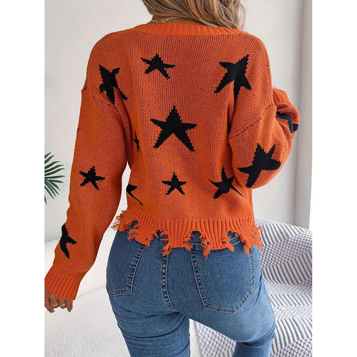 Star Pattern V Neck Pullover Sweater Distressed Raw Trim Long Sleeve Sweater Womens Clothing Image 6