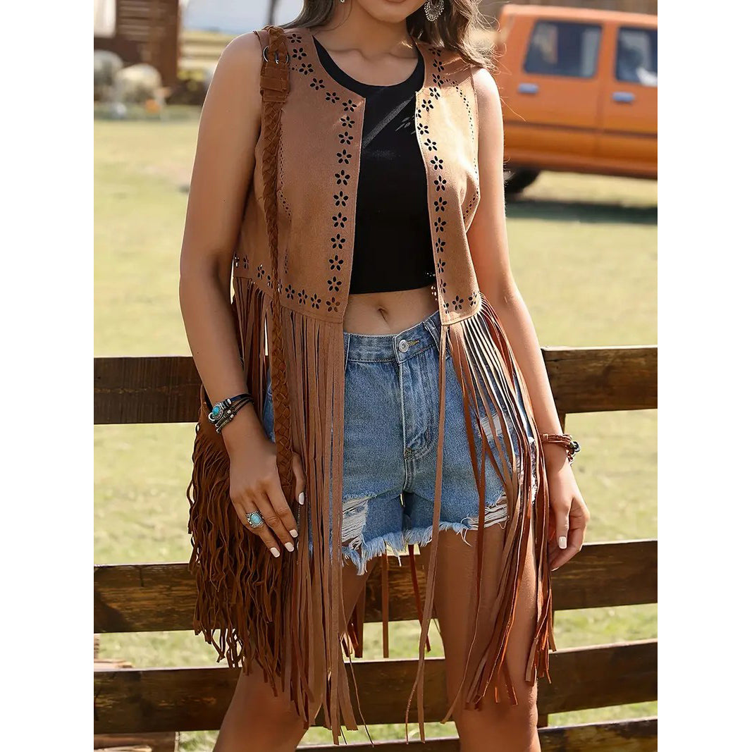 Hippie Eyelet Fringe Sleeveless Jacket Open Front Tassel Jacket For All Seasons Womens Clothing Image 4