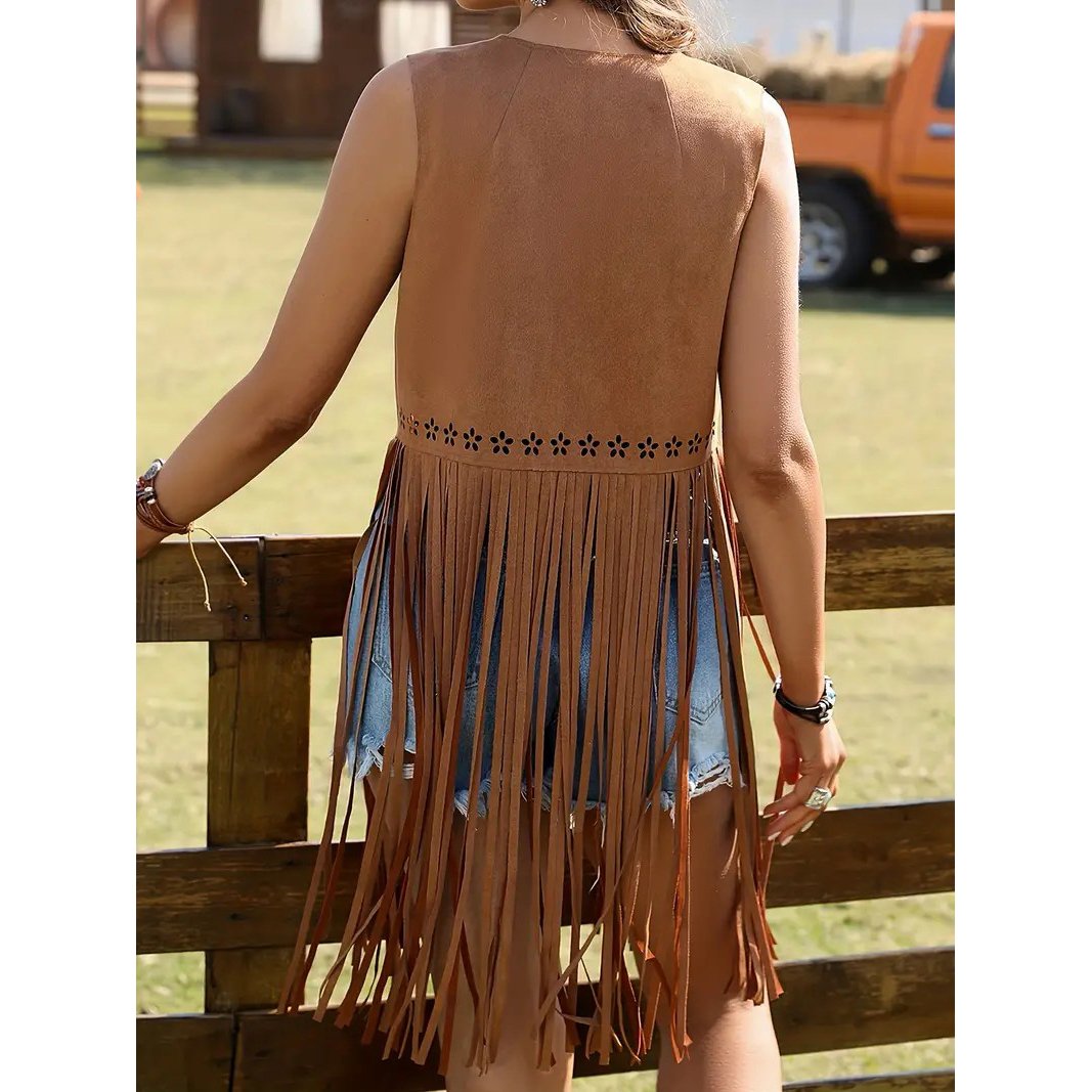 Hippie Eyelet Fringe Sleeveless Jacket Open Front Tassel Jacket For All Seasons Womens Clothing Image 4