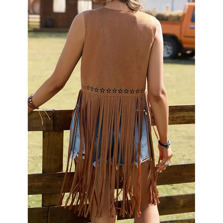 Hippie Eyelet Fringe Sleeveless Jacket Open Front Tassel Jacket For All Seasons Womens Clothing Image 1