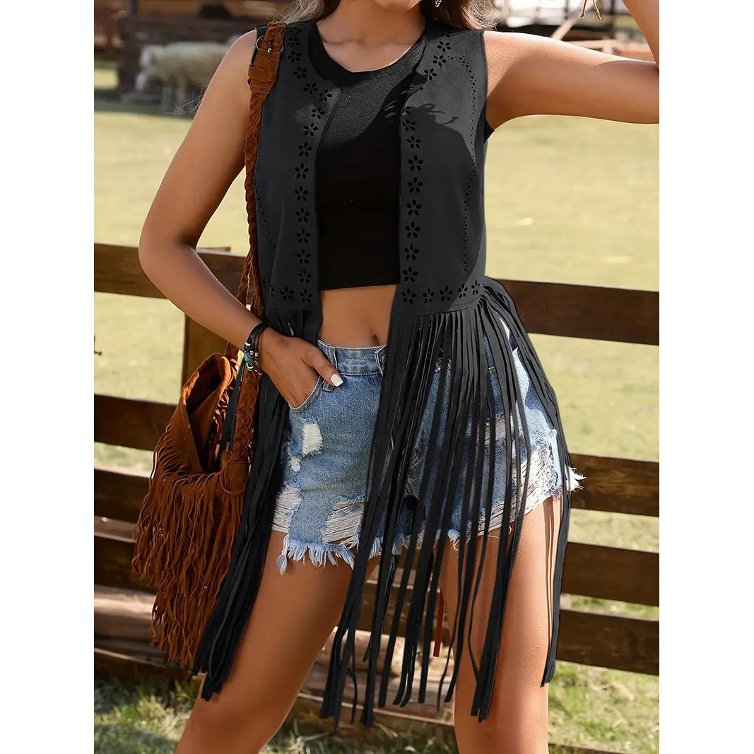 Hippie Eyelet Fringe Sleeveless Jacket Open Front Tassel Jacket For All Seasons Womens Clothing Image 1