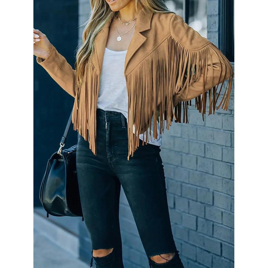 Tassel Cropped Jacket Casual Open Front Long Sleeve Solid Outerwear Womens Clothing Image 1