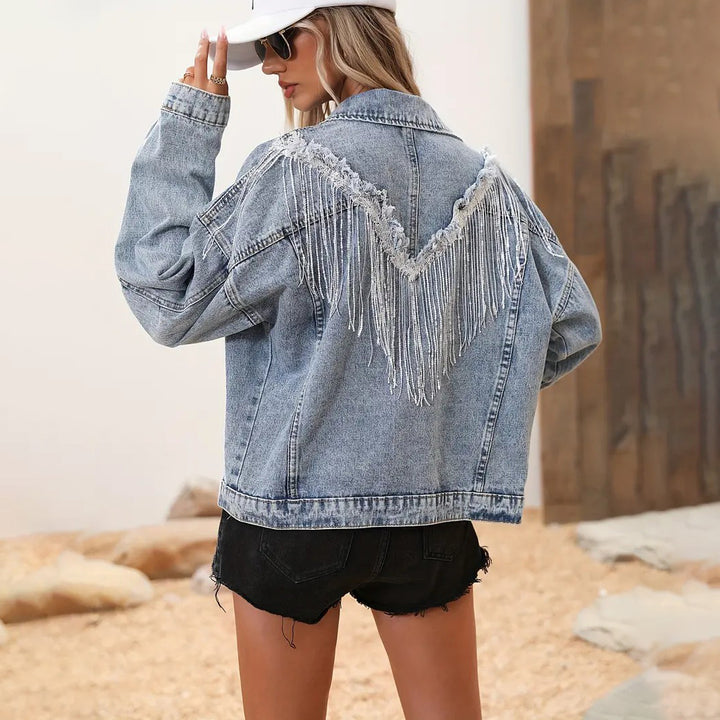 Light Blue Tassel Sequins Denim Jackets Long Sleeve Flap Pockets Single-Breasted Button Loose Fit Denim Coats Womens Image 4