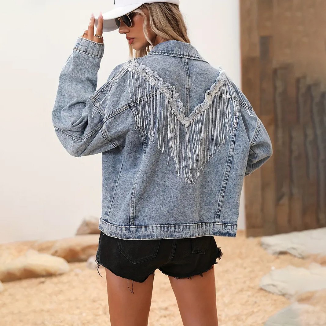 Light Blue Tassel Sequins Denim Jackets Long Sleeve Flap Pockets Single-Breasted Button Loose Fit Denim Coats Womens Image 1