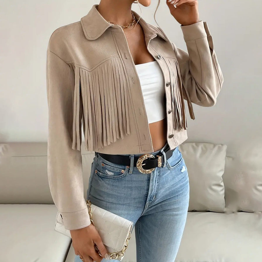 Button Tassel Solid Drop Shoulder JacketCasual Long Sleeve Crop Jacket For Spring and FallWomens Clothing Image 1