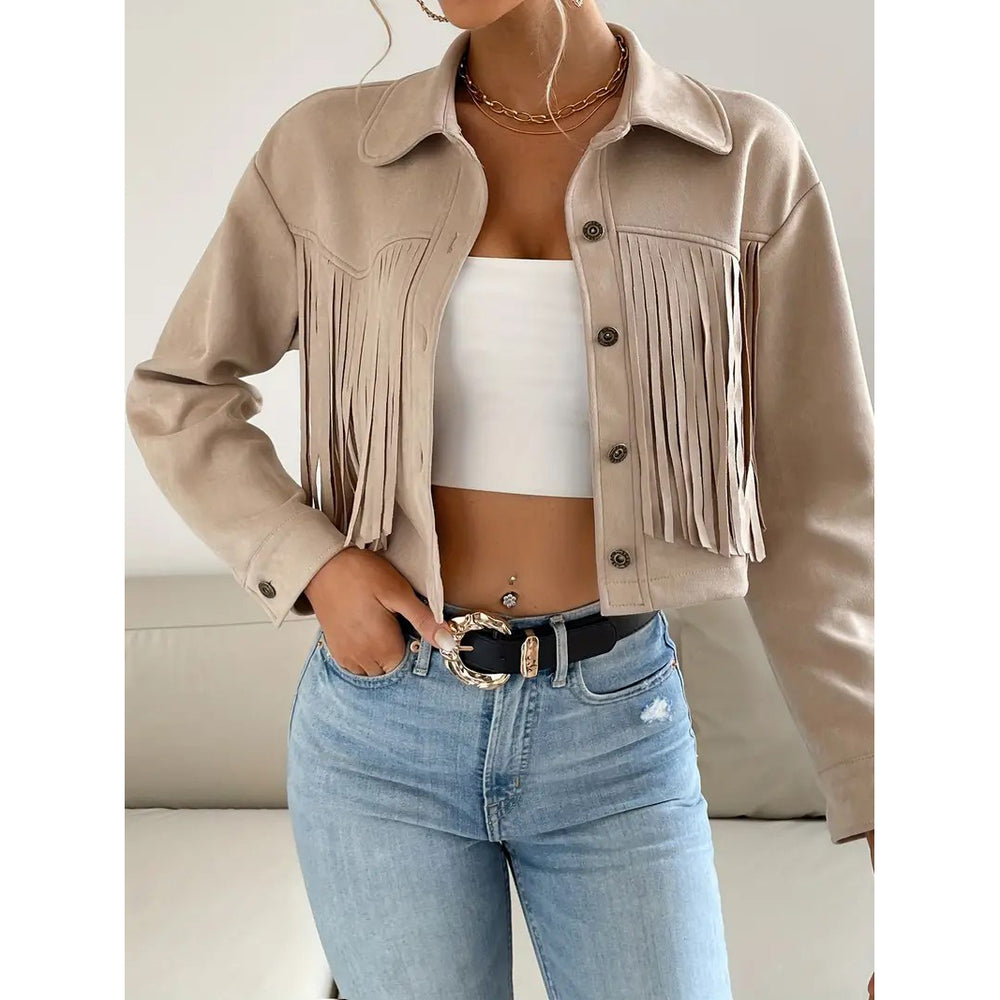 Button Tassel Solid Drop Shoulder JacketCasual Long Sleeve Crop Jacket For Spring and FallWomens Clothing Image 2