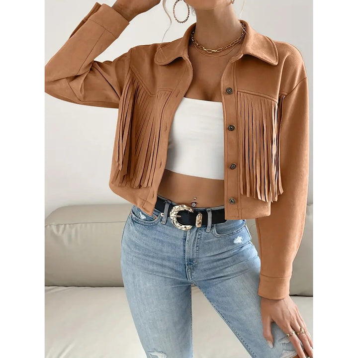 Button Tassel Solid Drop Shoulder Jacket Casual Long Sleeve Crop Jacket For Spring and Fall Womens Clothing Image 1