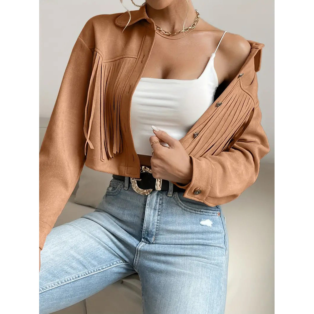 Button Tassel Solid Drop Shoulder Jacket Casual Long Sleeve Crop Jacket For Spring and Fall Womens Clothing Image 4