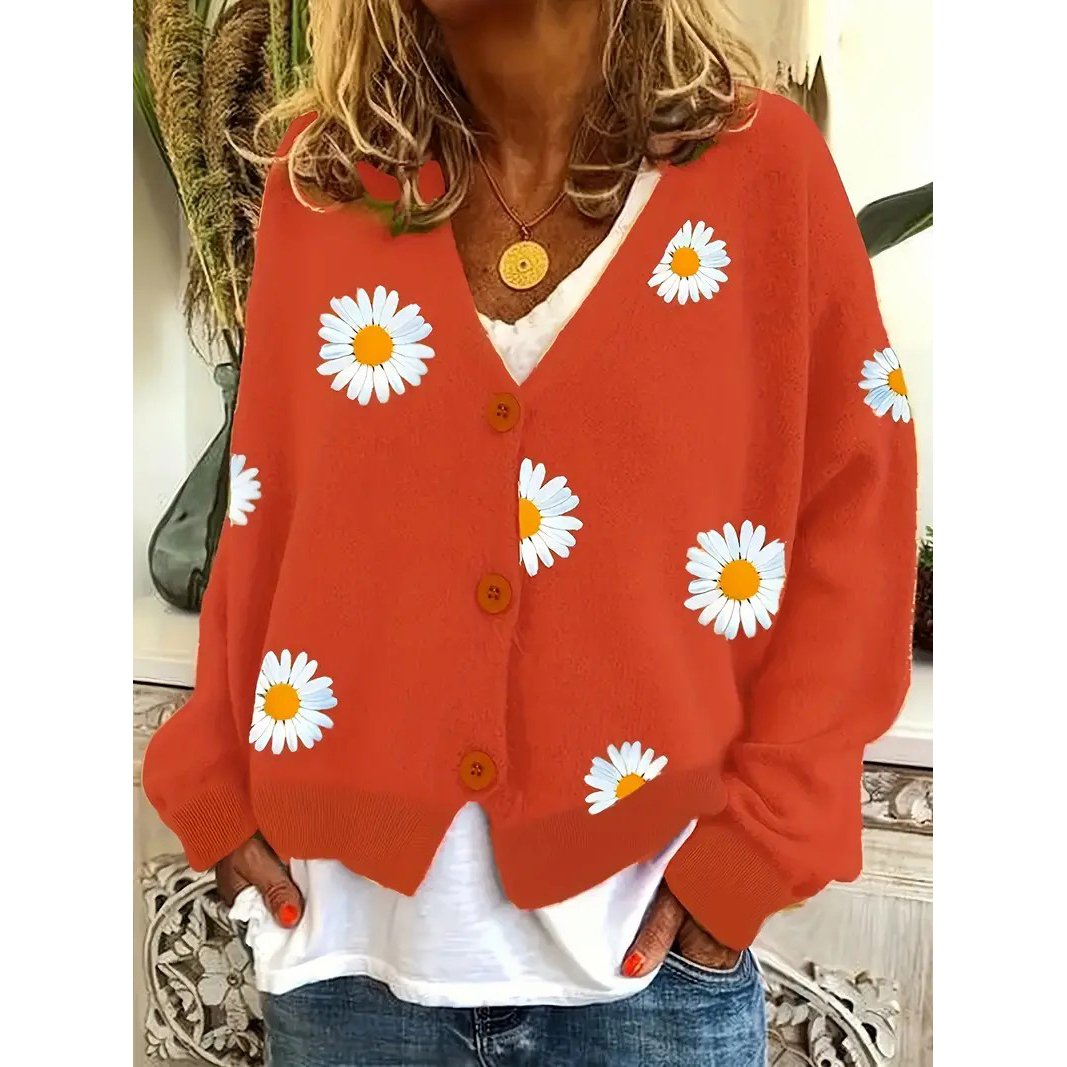 Daisy Pattern Embroidered Knitted Cardigan Button Front Elegant Long Sleeve Sweater For Spring and Fall Womens Clothing Image 1