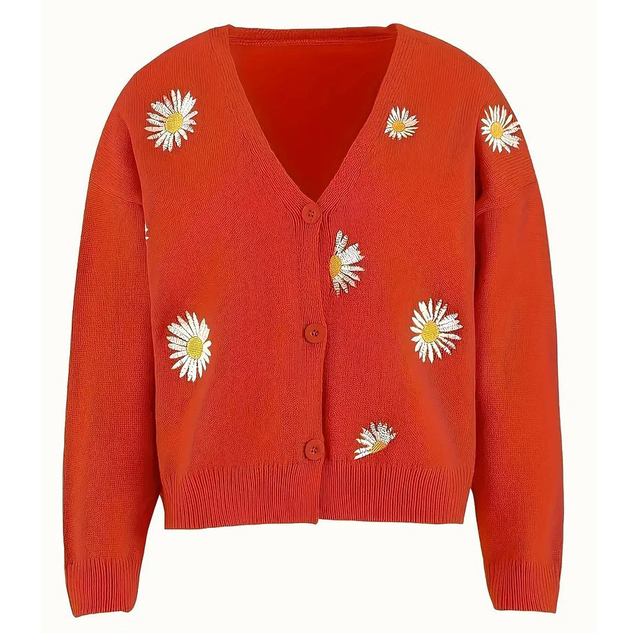 Daisy Pattern Embroidered Knitted Cardigan Button Front Elegant Long Sleeve Sweater For Spring and Fall Womens Clothing Image 4