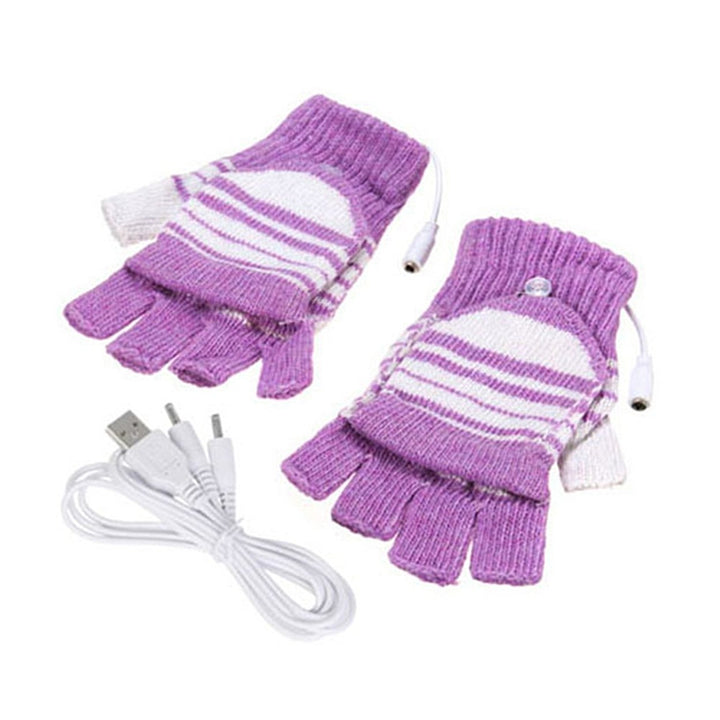 1 Pair Half Finger Ribbed Cuffs Hand Warmers Good Elastic USB Electric Soft Knitted Gloves for Outdoor Image 1