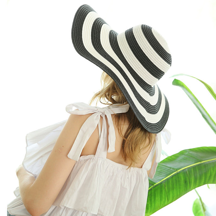 Women Sun Hat Foldable Wide Brim Stripe Contrast Color Bucket Hat for Summer Image 3