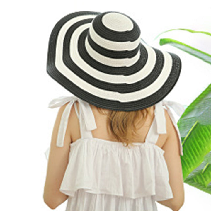 Women Sun Hat Foldable Wide Brim Stripe Contrast Color Bucket Hat for Summer Image 4