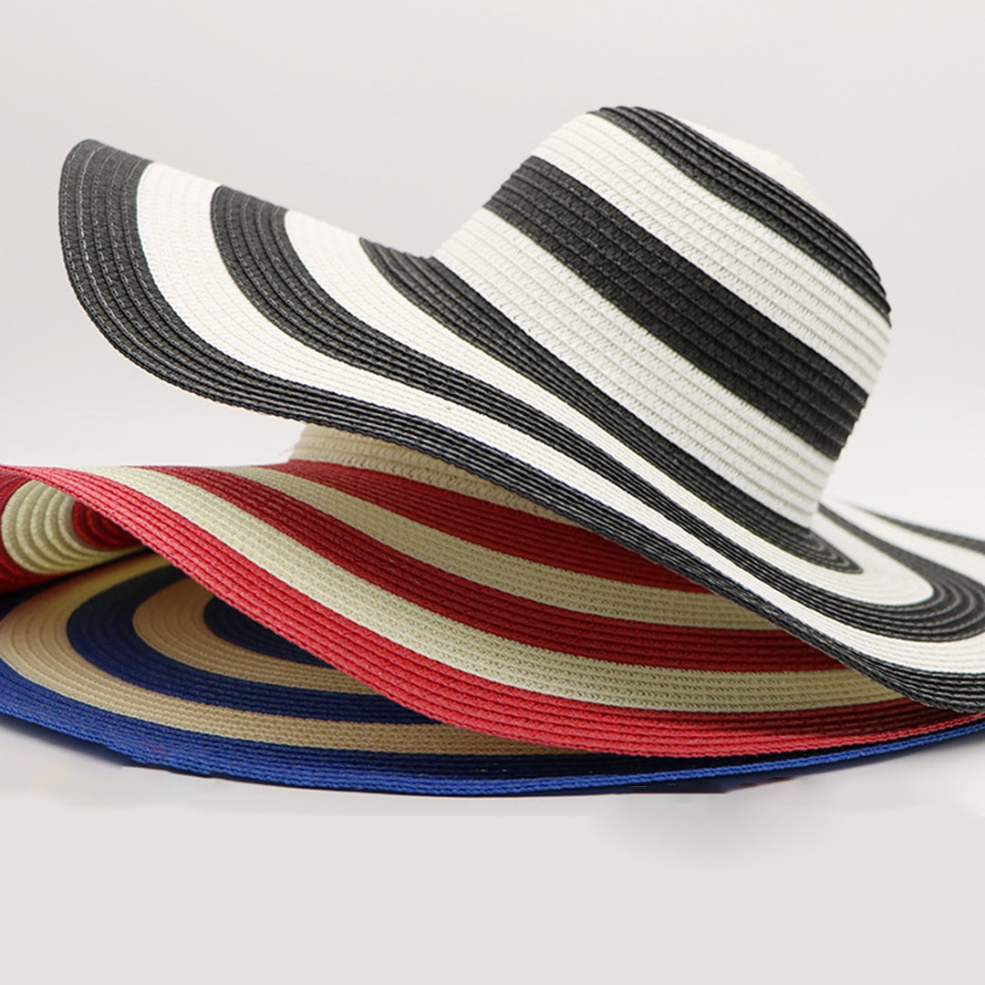 Women Sun Hat Foldable Wide Brim Stripe Contrast Color Bucket Hat for Summer Image 6