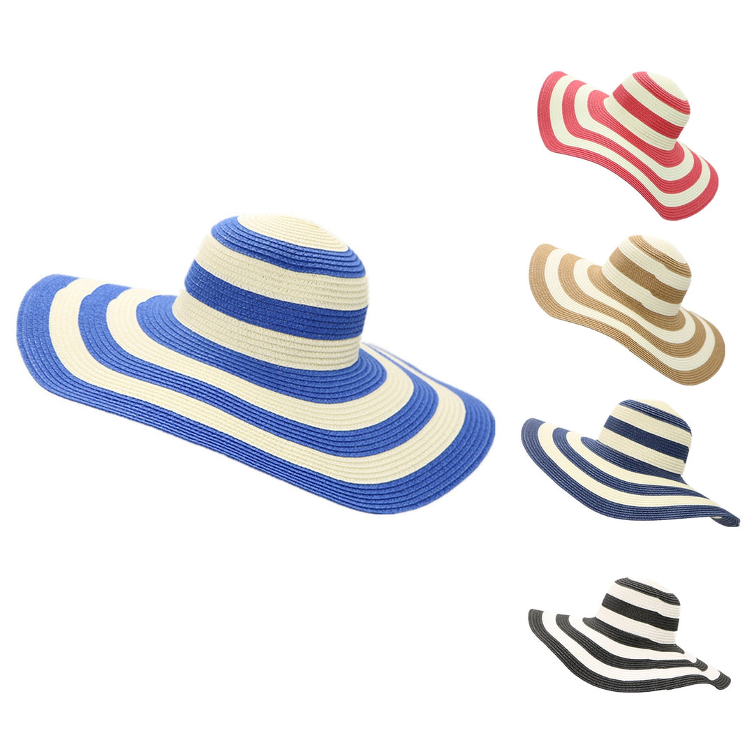 Women Sun Hat Foldable Wide Brim Stripe Contrast Color Bucket Hat for Summer Image 7