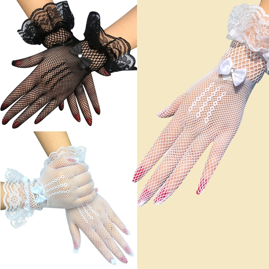 1 Pair Wedding Gloves Bowknot Rhinestone Elegant Good Elasticity Lace Gloves for Prom Image 1