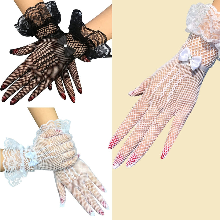 1 Pair Wedding Gloves Bowknot Rhinestone Elegant Good Elasticity Lace Gloves for Prom Image 1