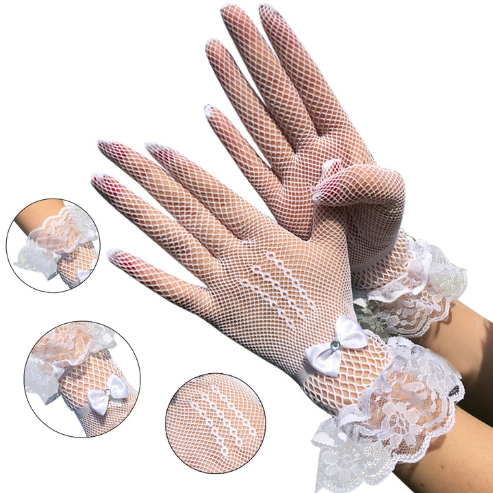 1 Pair Wedding Gloves Bowknot Rhinestone Elegant Good Elasticity Lace Gloves for Prom Image 3